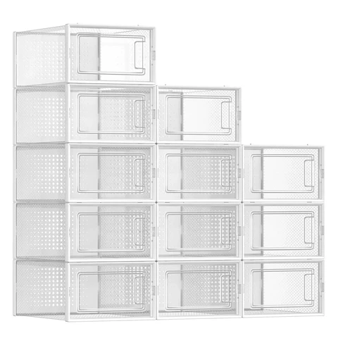 SONGMICS 12 Pack Stackable Shoe Boxes Foldable Transparent Storage Organizers Fit up to UK Size 9.5 White