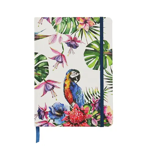 Jubiluu A5 Hardcover-Notizbuch mit Lineatur - 96 Blatt (100 g Offsetting-Papier), Lesezeichen & Gummiband - klassisches Creme-Notizbuch mit Lineatur für Schreiben, Schule, Büro und als Geschenk - Tropischer Papagei & Pflanzenmuster