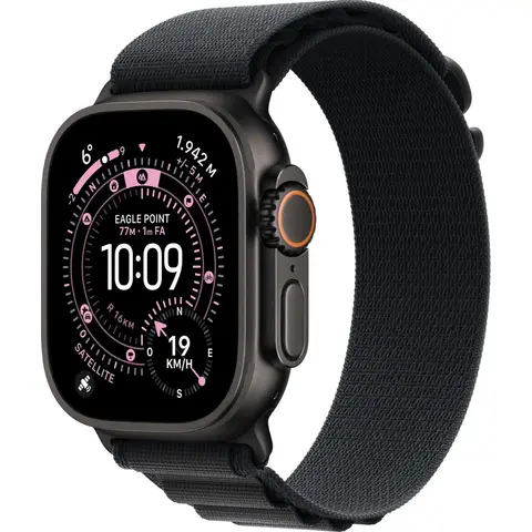 Apple Watch Ultra 3 GPS + Telecom, 49 mm, zwart titanium hoesje met zwart alpenbandje - klein