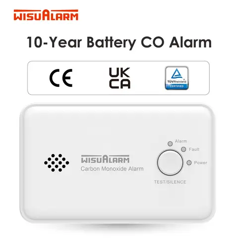 WISUALARM Carbon Monoxide Detector, 10-Year Battery Life, with Test/Silence Button, Conforms to EN 50291 Standard