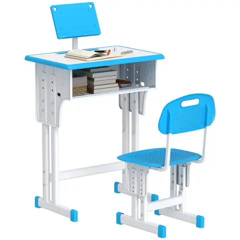 HOMCOM Kids Desk and Chair Set Adjustable Height Study Table Set w/ Drawer, Book Stand, Pen Slot - Blue