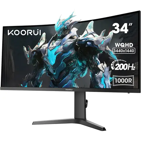 KOORUI 34E6UC 34 Zoll Ultrawide Curved Gaming-Monitor, PC-Bildschirm 200 Hz, 1 ms, HDR 400, 1000R, UWQHD 3440x1440, Adaptive Sync, 2x HDMI & DisplayPort, VESA 75x75 mm, DCI-P3 90 %, Höhenverstellbar