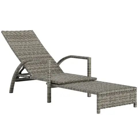 Outsunny PE Rattan Sun Lounger, Garden Lounger with 4-Level Adjustable Backrest, Outdoor Sunbed with Retractable Footrest for