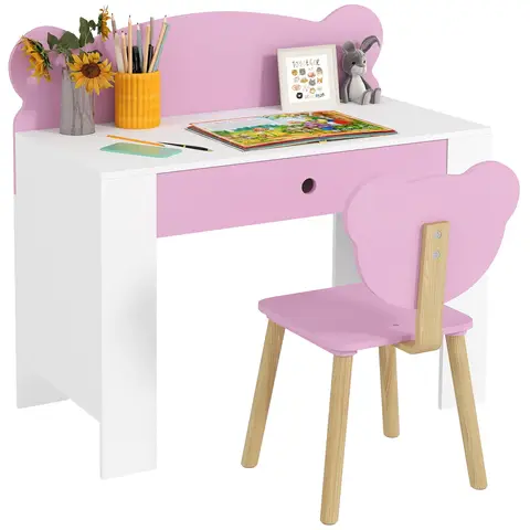 AIYAPLAY Kids Desk and Chair Set, Study Table and Chair with Storage Drawer for Drawing, Reading, Writing, Bear Theme Children Writing Table Set for Bedroom, Daycare, Playroom, Pink