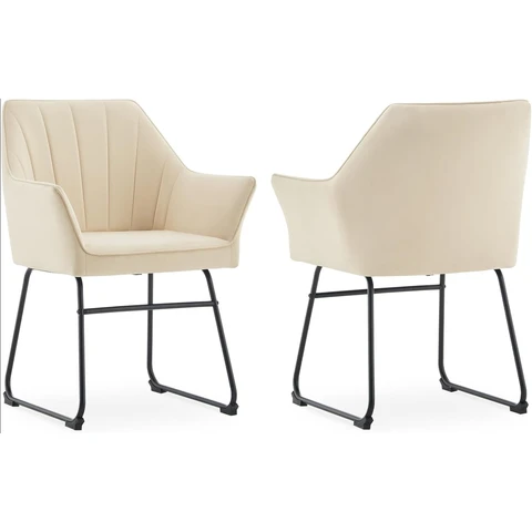 Set of 2 Velvet Dining Chairs, Modern Kitchen Upholstered Armchairs with Metal Legs & Backrest, Ergonomic Seat Cream