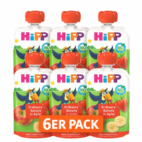 HiPP HiPPiS Quetschbeutel Erdbeere-Banane in Apfel - Theo Tukan ab 1 Jahr 8 x 100 g