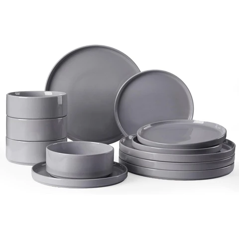 Richmount Nebula Geschirrset für 4 Personen, 12-teiliges Teller- und Schüsselset, Steingut-Geschirrset, Kombiservice, Tafelservice, mikrowellen- und spülmaschinenfest, dunkelgrau