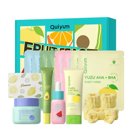 QUIYUM Fruit Skincare Set (11pcs) - Facial Cleanser 100g, Eye Cream 20g, Serum 30ml, Face Cream 50g, Fruit Face Mask 25g×4, with 3-Piece Facial Wet-Proof Set