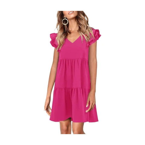 Summer Babydoll Dresses for Women 2025 Cute Ruffle Cap Sleeve V-Neck Flowy Swing Mini Dress Sundress (RoseRed, S)