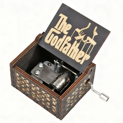 Alphynix 1pc The Godfather Music Box, Hand-Cranked Wooden Keepsake with Golden Engraved Logo and Mechanical Gears, Vintage Movie Theme Musical Gift for Film Lovers