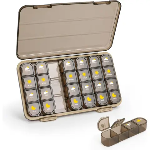 Pill Organizer 4 Times A Day, Pill Box 4 Times A Day 7 Day - GAONLY Weekly Medicine Box Organizer with Separate Case, Portable Daily Pill Container Dispenser for Vitamin, Fish Oils, Supplements,Brown