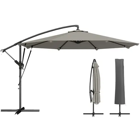 Outsunny 3 m Cantilever Parasol, Offset Outdoor Umbrella with Protective Cover and Wind Ropes, Banana Parasol with Cross Base and Crank Handle, Light Grey
