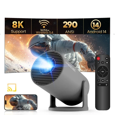 【Lite Entertainment | World Cup】MAGCUBIC Mini Projector 8K 1080P Support With WiFi 6 & BT 5.4 290ANSI Brightness, Android 14, Auto Keystone, 180 Degree Rotation, Portable Projector For Home Theater & Outdoor Movies HY300Pro Grey