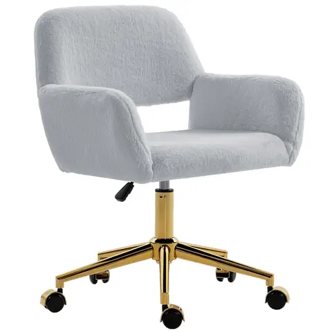 HOMCOM Swivel Office Chair, Faux Rabbit Fur Upholstered Vanity Desk Chair with Adjustable Height, Armrests and Wheels for Home Office, Bedroom, Makeup, Dressing Room, Grey