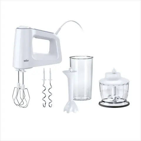 Braun MultiMix 3 HM 3135 Handrührgerät – Handrührgerät mit 5 Geschwindigkeitsstufen und Turbofunktion, inklusive Rührbesen, Knethebel, Blender, Hackmesser und 600 ml Rühr- und Messbecher, 500 Watt, weiß