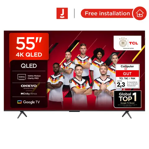TCL 55T8C 55 Inch QLED 4K HDR UHD TV, Smart Google TV Dolby Vision Atmos, 144Hz Motion Clarity Pro, Game Bar, ALLM, Freesync, Onkyo 2.1 Sound, Voice Control, Compatible with Google Assistant