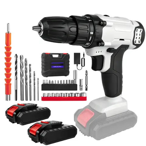 Ensemble de perceuses sans fil 21 V, ensemble d'outils de base 29 pièces, avec 25+1 réglages de couple, adapté pour la construction DIY, la menuiserie, les réparations à domicile et l'équipement d'atelier 2 batteries