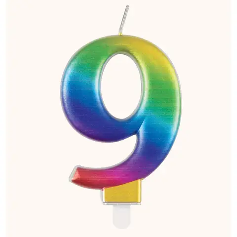 Unique Party Metallic Number 9 Candle, Rainbow