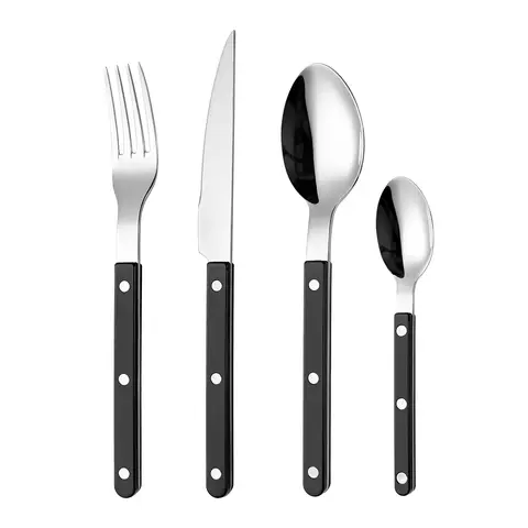 Fangyuan 4 Pieces Cutlery Set Black Handdles Silvery Stainless Steel with Knife, Fork, Spoon, High-Quality Stainless Steel Cutlery, Dishwasher Safe Kitchen Set S286