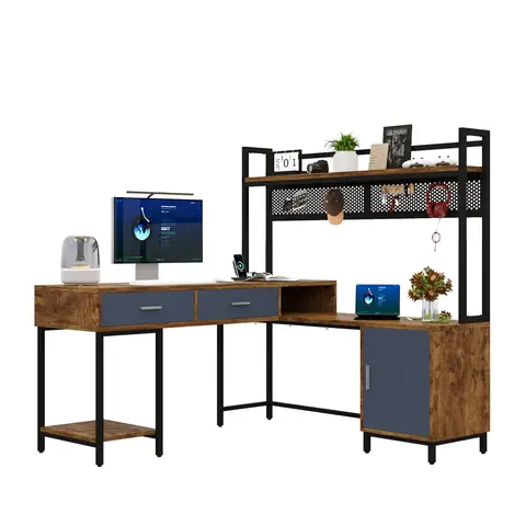 Bureau en forme de L de style industriel, construction en acier et bois, cadre en métal antirouille, avec tiroirs, noir + teinte bois.