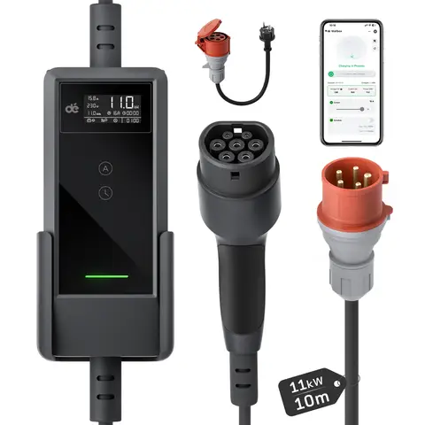 dé Mobile Wallbox 11kW mit APP 10m 3-phasig 6–16A Einstellbarer Ladeleistung CEE-16A 400V auf Typ 2 Ladekabel EV Ladegerät für alle BEV/PHEV