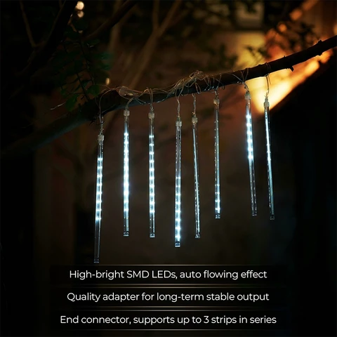 M.TK Meteor Shower Lampen met 8 buizen, 192 LED’s, vallende regendruppel-lichtslinger, waterdichte ijspegel-sneeuwval-lichtslinger voor kerstboom (wit)