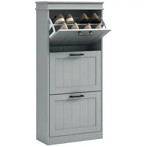 HOMCOM 3 Drawers Entryway Shoe Cabinet, Narrow Shoe Storage Cabinet with 3 Flip Drawers Grey
