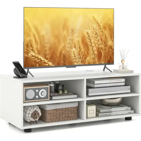 Costway TV Stand with 5-Position Adjustable Shelves, 4 Cubbies, White