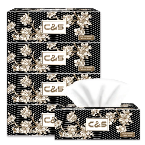 C&S Box-Papiertaschentücher (Schwarze Box), 3-lagig, 424 Blatt (106 Blatt * 4 Boxen), Elegante Schwarze Box, Einfach Ziehbar