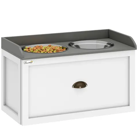 PawHut Stainless Steel Raised Dog Bowls, Double Dog Food and Water Bowl w/ 21L Storage Drawer, for Large Dogs White