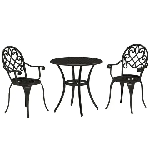 Outsunny 3 Piece Patio Bistro Set for 2, Outdoor Aluminium Garden Table and Chairs with Adjustable Footpads for Balcony, Garden and Patio, Black