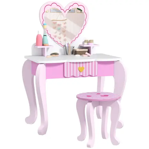 AIYAPLAY Kids Dressing Table Set, 2-Piece Girls Vanity Table with Mirror, Stool, Drawer, Storage, Desktop, Heart-Themed Makeup Desk and Chair, Pink