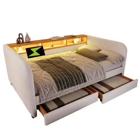 Polsterbett Tagesbett 140x190 cm, Schlafsofa mit LED und USB-C Ladefunktion,Leinen, Hellbeige (Ohne Matratze) 
