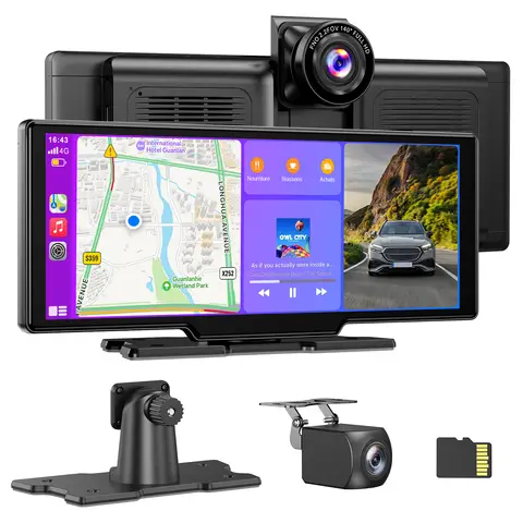 [Offres d'été] ESSGOO Écran portable HD 10,26 pouces, CarPlay sans fil, Android Auto et recopie d'écran intégrés, caméra de tableau de bord avant 4K + caméra de recul AHD 1080P intégrées, carte TF 64 Go offerte, enregistrement en boucle, navigation, lecture musicale, commande vocale, installation simple et rapide, optimisez votre expérience de conduite