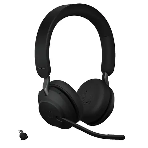 Jabra Evolve2 65 kabelloses PC-Headset mit Geräuschunterdrückung, Microsoft Teams-zertifizierte Stereo-Kopfhörer, lange Akkulaufzeit, USB-C-Bluetooth-Adapter, Schwarz
