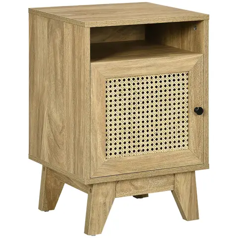HOMCOM Bedside Table Rattan 1 Door Oak Effect