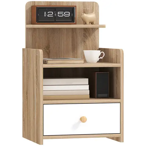 HOMCOM Bedside Table, Bedside Cabinet with Drawer, Modern Side Table with Shelf for Bedroom, Living Room, Natural Wood Effect