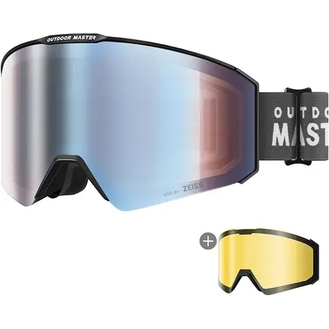 OutdoorMaster Falcon Zeiss Skibrillen-Set Schwarzer Rahmen Uniform ML Blau Frozen VLT 18,6% für Erwachsene