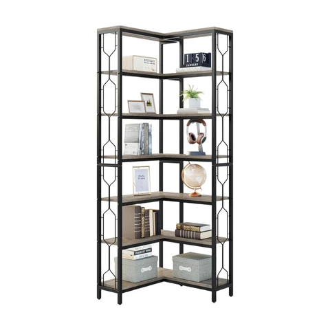 Tribesigns Eck-Bücherregal, 7-stufiges industrielles Eckregal, Holz- und Metall-Eckregal, freistehendes Aufbewahrungsregal für Wohnzimmer, Küche, Homeoffice (Braun)