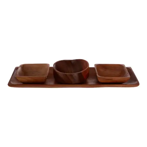 Maison by Premier Practical Acacia 3PC Serving Dish Set With Tray, Decorative Hand Carved Design Wooden Serving Dish