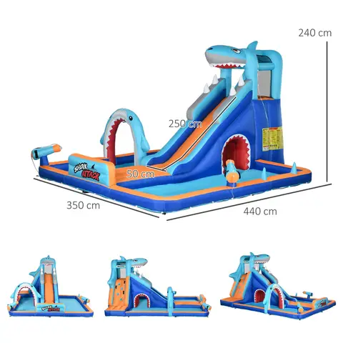 Outsunny Kids Bouncy Castle Inflatable Water Park 6 in 1 for Children Shark-Themed with Slide, Pool, Climbing Wall, Water Cannon for 3-8 Years