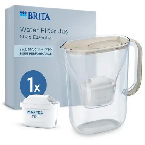 BRITA Water Filter Jug Style Essential Sand incl 1x MAXTRA PRO Pure Performance - Fridge-Fitting Design Pitcher with Smart LED-LTI and Flip-Lid Reduces Chlorine, Limescale and Impurities