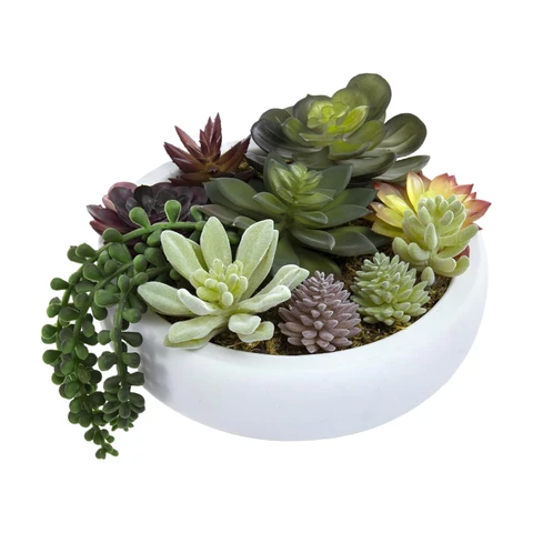 MyGift 20 cm Rundes Modernes Künstliches Sukkulenten-Arrangement in Weißem Beton-Pflanzgefäß, Verschiedene Künstliche Mini-Sukkulenten in Dekorativem Pflanztopf