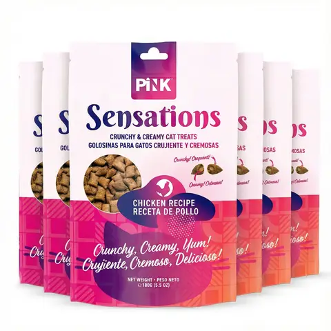 PINK Crunchy Cat Treats (6 Packs × 100g), Chicken Flavor Cat Biscuits – Cat Crispies Treats, Dual-Texture Biscuits with Crispy Shell & Mousse-Meat Filling, 24.72% High Protein – Trusted Canadian Pet Brand