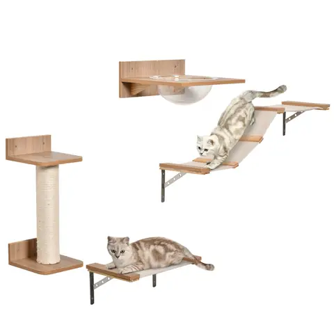 PawHut 4PCs Wall-mounted Cats Climbing Shelf Set Cat Tree Kitten Perch Activity Center with Hammock Scratching Post Jumping Platform Brown