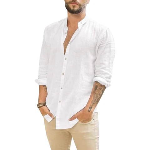 Men's Long Sleeve Shirt Linen Regular fit (white， M)