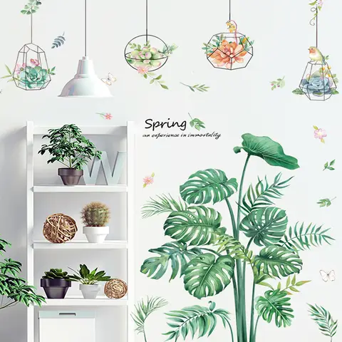 Green Tropical Assorted Leaves Decals Removable PVC Wall Stickers - Living Room Bedroom Office Home Decorations,Palm leaves and hanging vines,Palm leaves