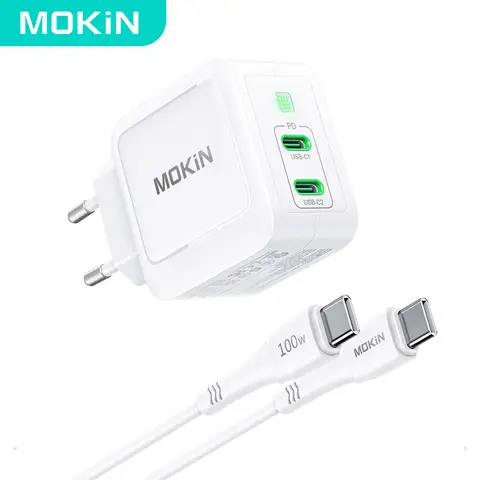 Mokin PD67W GaN Chargeur double USB-C (UE) avec câble 1,2 m - Blanc