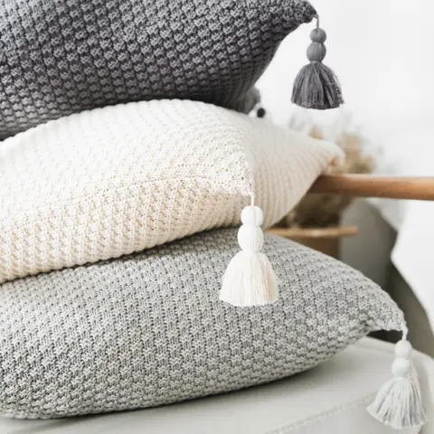 MEROPE, Cotton knit/Fringed Cushion Cover, 50x50cm, ivory, 1pack