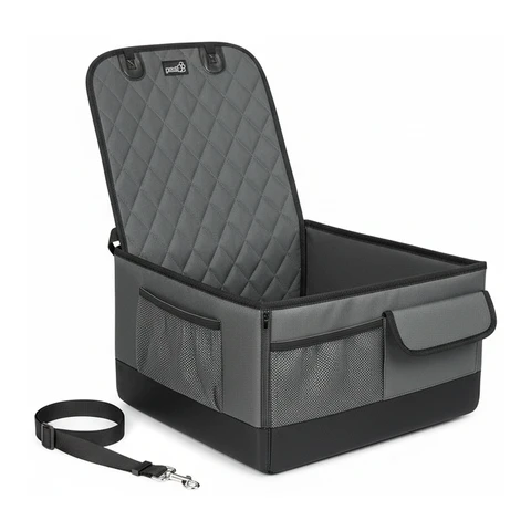 Pecute Foldable Waterproof Dog Car Seat for Front Seat, Grey, with Safety Belt, 60 x 43 x 19 cm